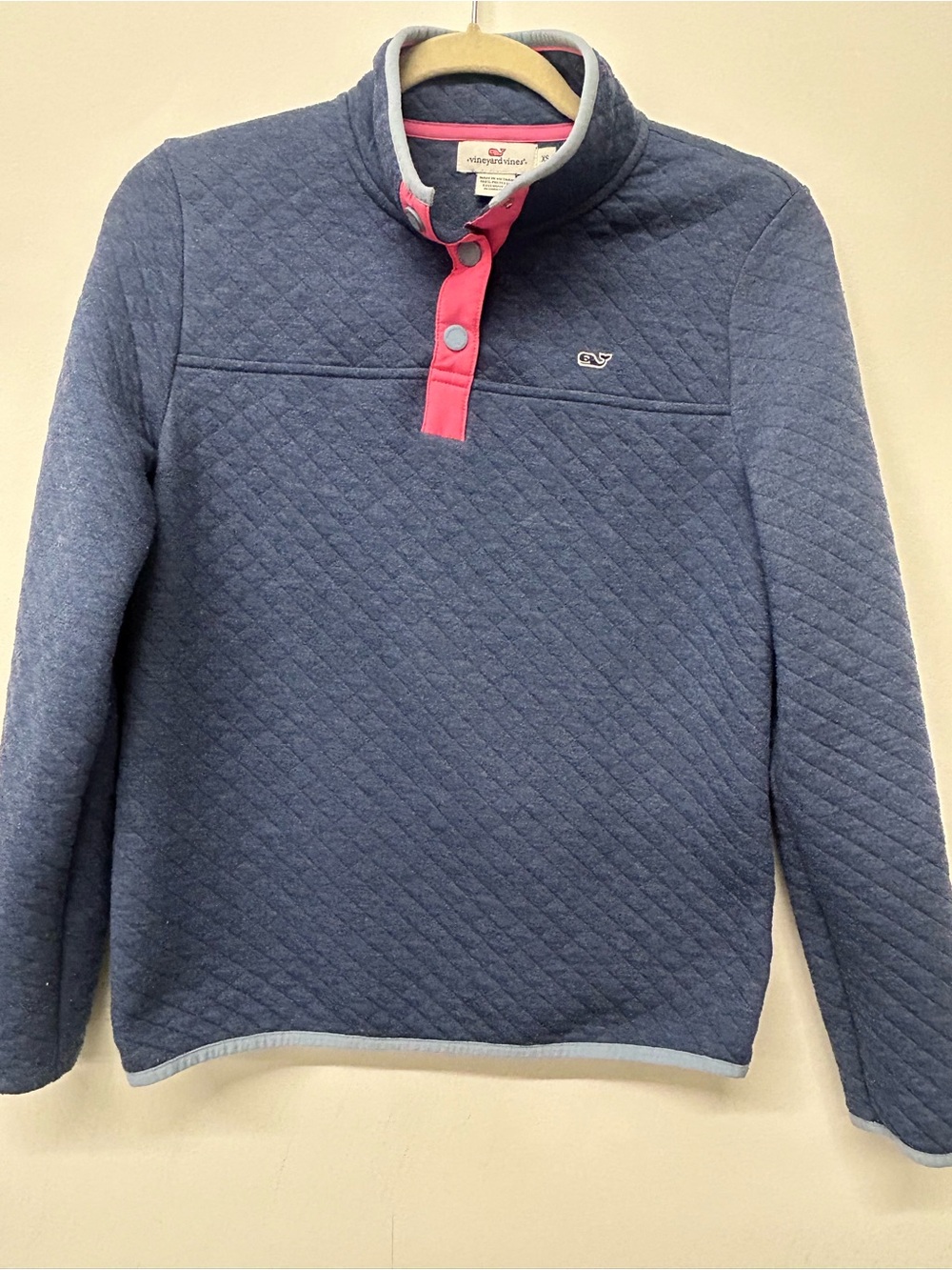 Vineyard Vines Quilted Navy Zip-Up Sweater with Pink Placket